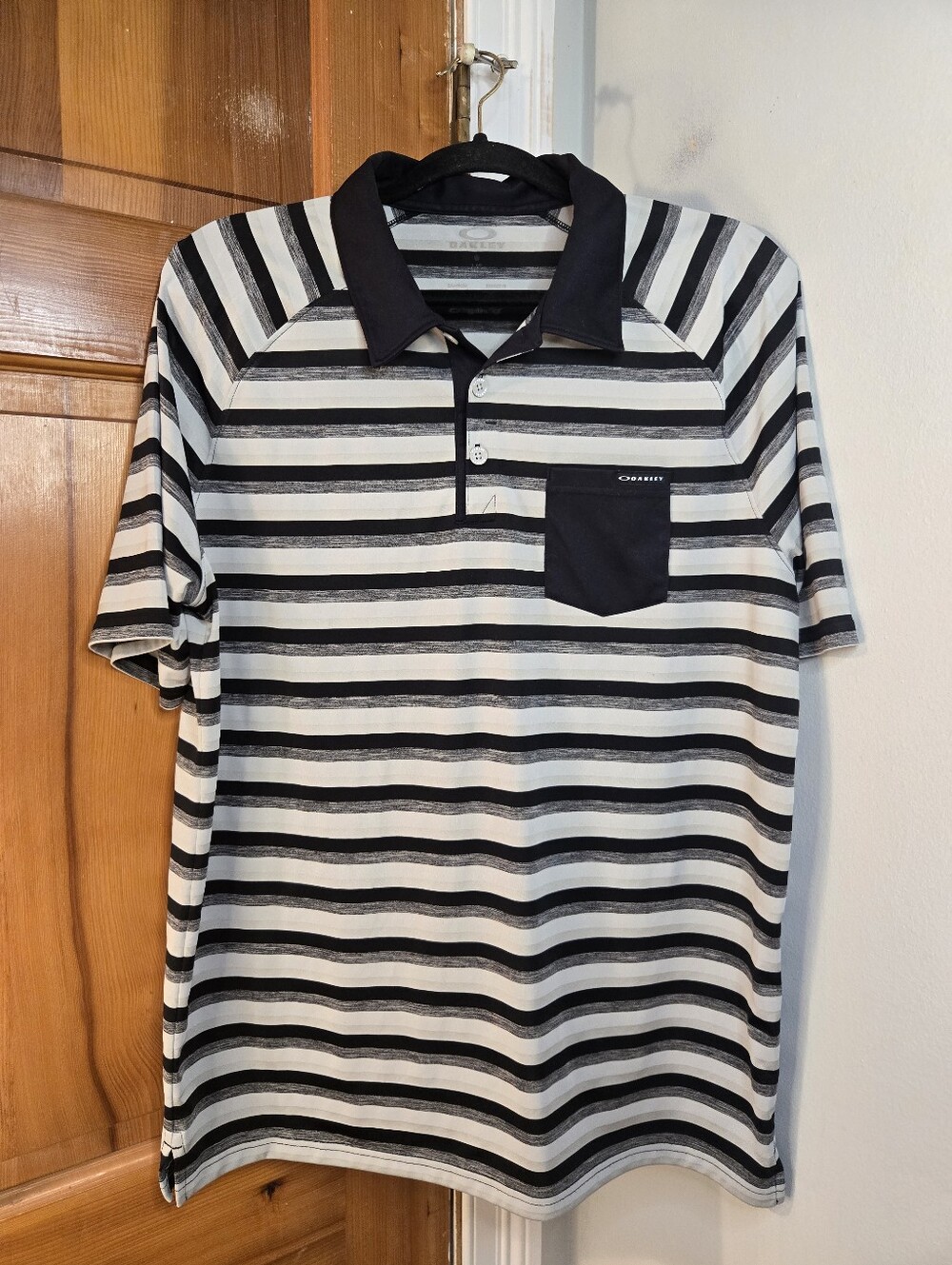 Oakley Black and White Striped Quick Dry Polo with Chest Pocket